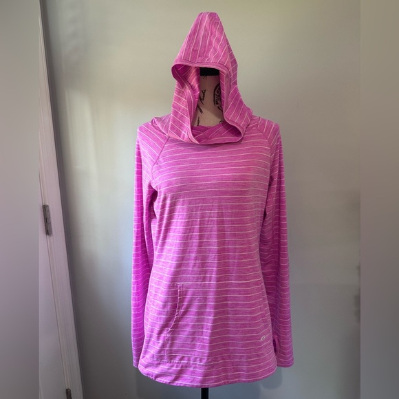 🌷GapFit Women’s Hooded Shirt - Pink w/ White Stripes - Size Small - Picture 3 of 11